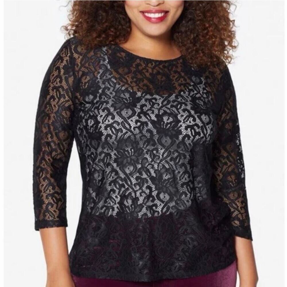 Ruby Ribbon Chantilly Lace Top Black Large Sheer Floral 3/4 Sleeve